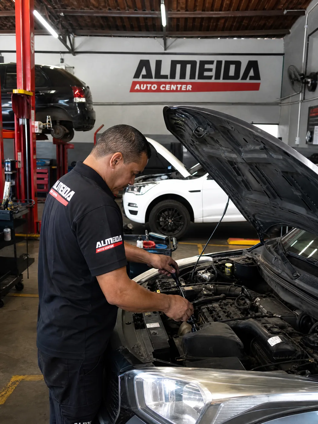 Profissional do Almeida Auto Center realizando manutenção no motor